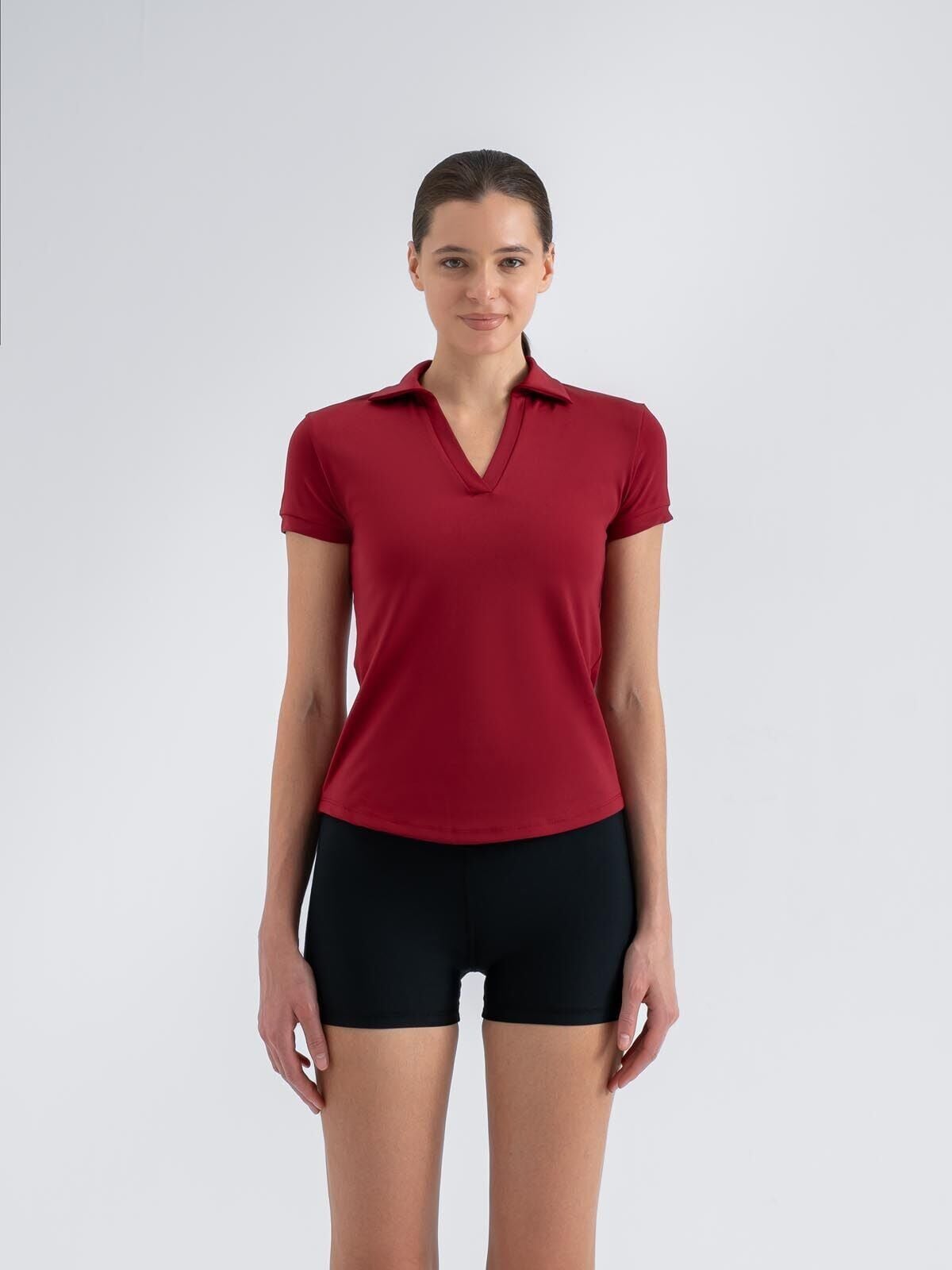 Ve Yaka Tshirt Bordo Renk 3806