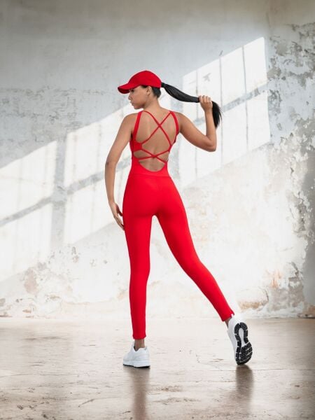 2404 Cross Stribed Jumpsuit Red Color