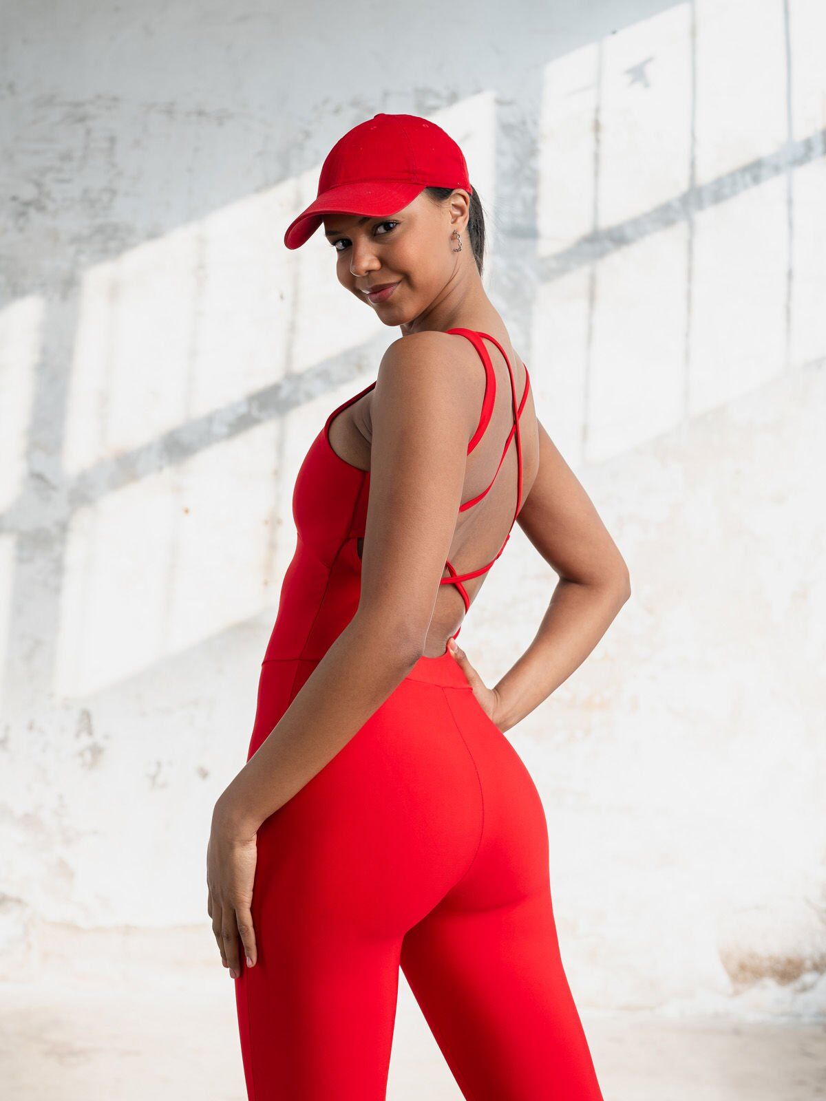 2404 Cross Stribed Jumpsuit Red Color