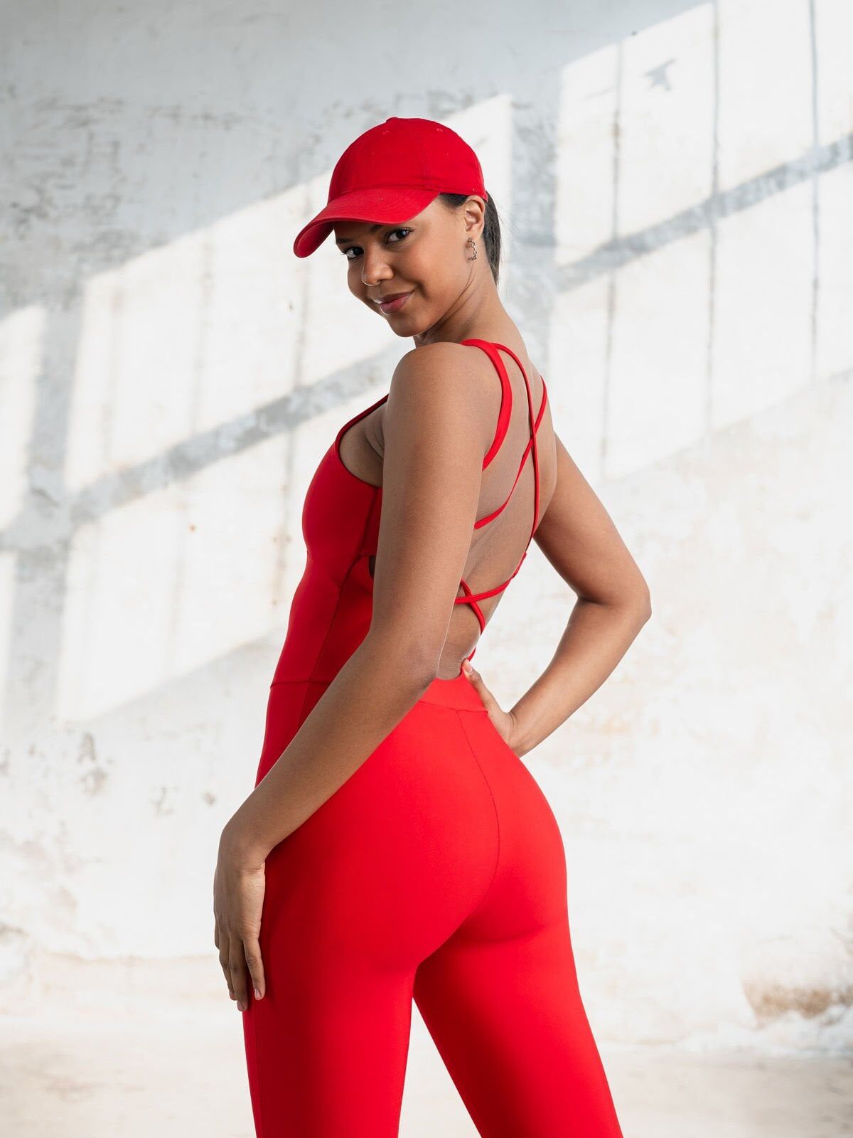 2404 Cross Stribed Jumpsuit Red Color