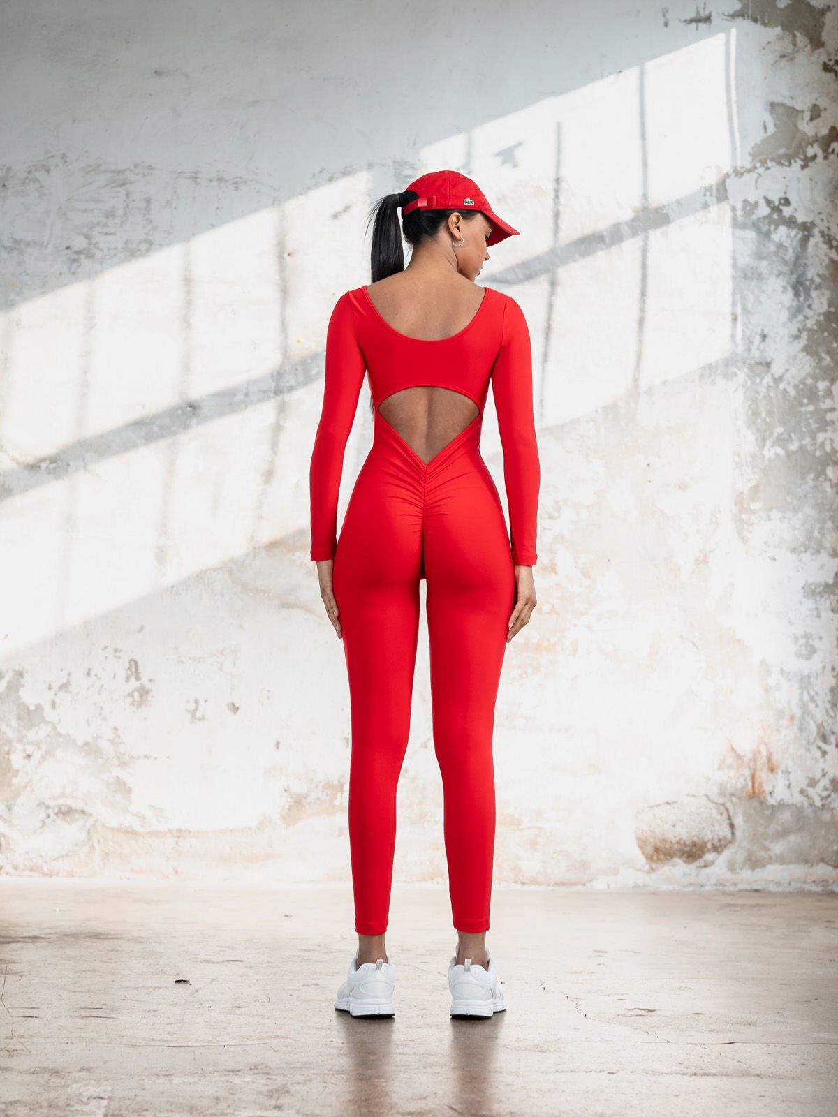 2503 Sleeve Scrunch Butt Jumpsuit Red Color
