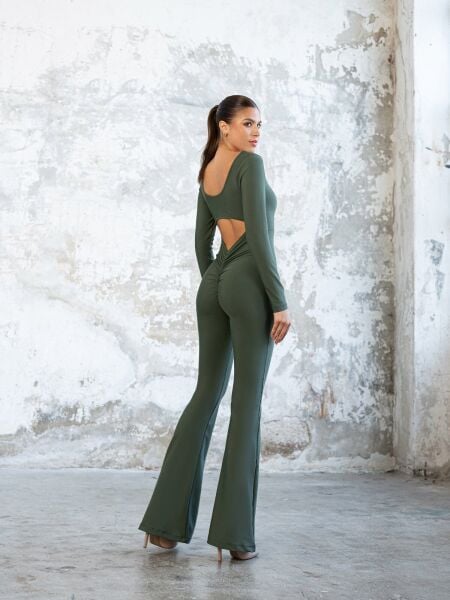 3104 Spanish Scrunch Butt Jumpsuit Long Sleeve Khaki Color