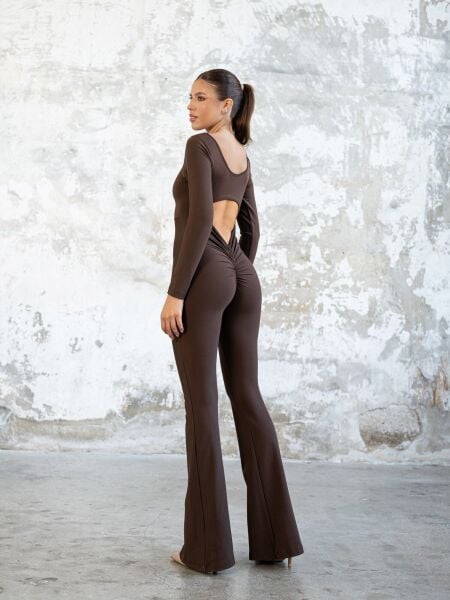 3103 Spanish Scrunch Butt Jumpsuit Long Sleeve Brown Color