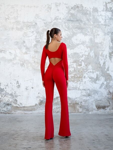 3101 Spanish Scrunch Butt Jumpsuit Long Sleeve Red Color