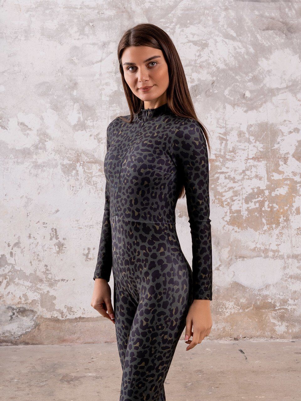 2318 Leopar Desen Uzun Kollu Spor Tulum