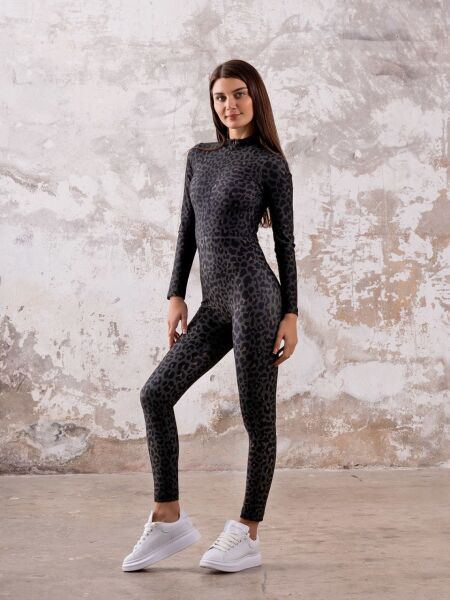 2318 Leopar Desen Uzun Kollu Spor Tulum