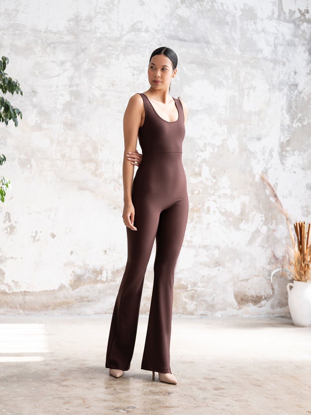 1505 Spanish, Scruch Butt Jumpsuit Brown Color