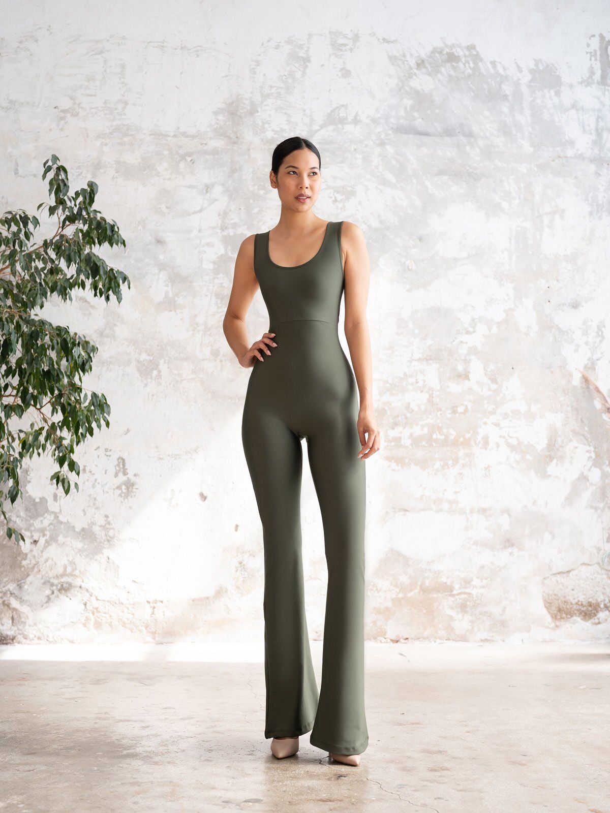 1503 Spanish, Scrunch Butt Jumpsuit Khaki Color