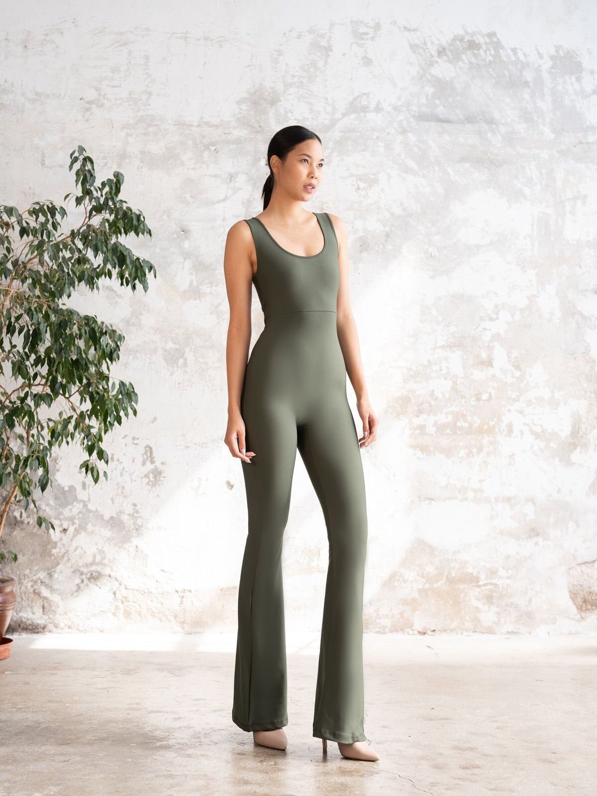 1503 Spanish, Scrunch Butt Jumpsuit Khaki Color