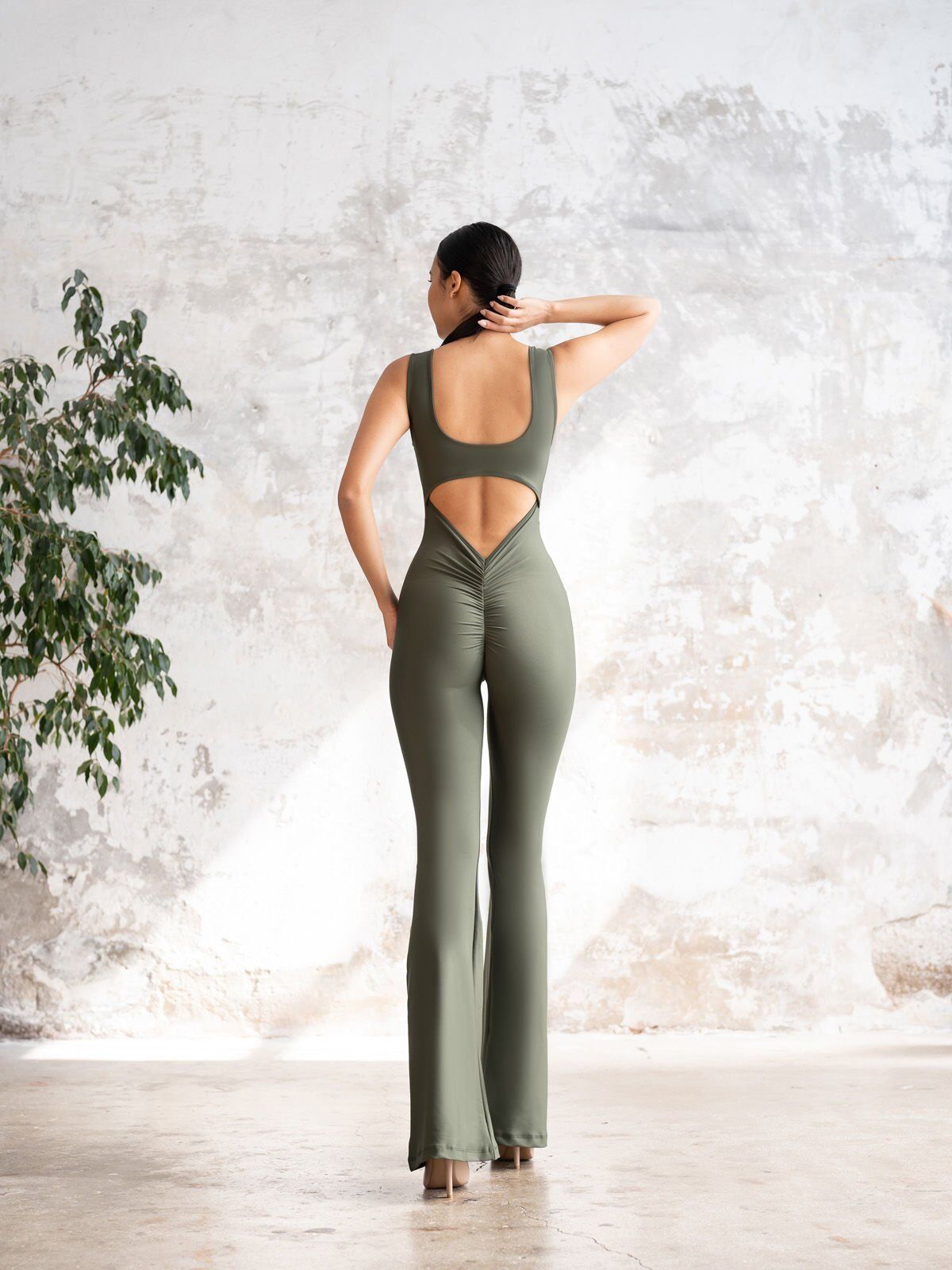 1503 Spanish, Scrunch Butt Jumpsuit Khaki Color