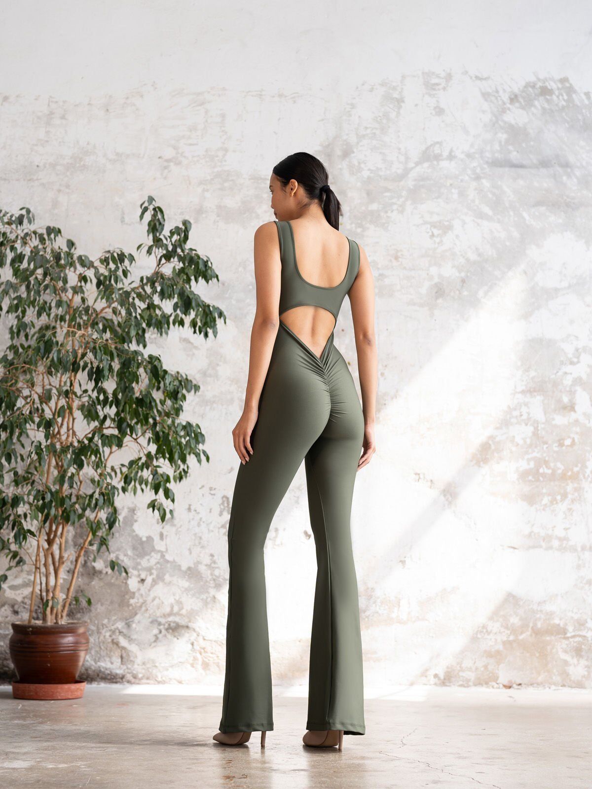 1503 Spanish, Scrunch Butt Jumpsuit Khaki Color