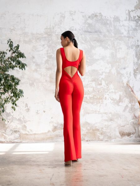 1502 Spanish, Scrunch Butt Jumpsuit Red Color