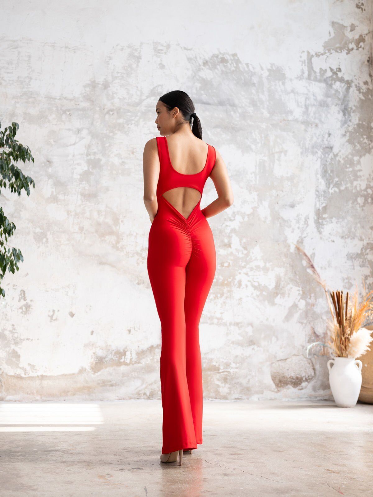 1502 Spanish, Scrunch Butt Jumpsuit Red Color