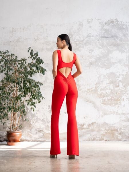 1502 Spanish, Scrunch Butt Jumpsuit Red Color