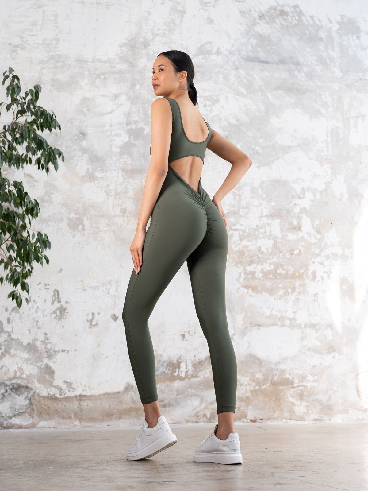 1402 Scrunch Butt Jumpsuit Khaki Color