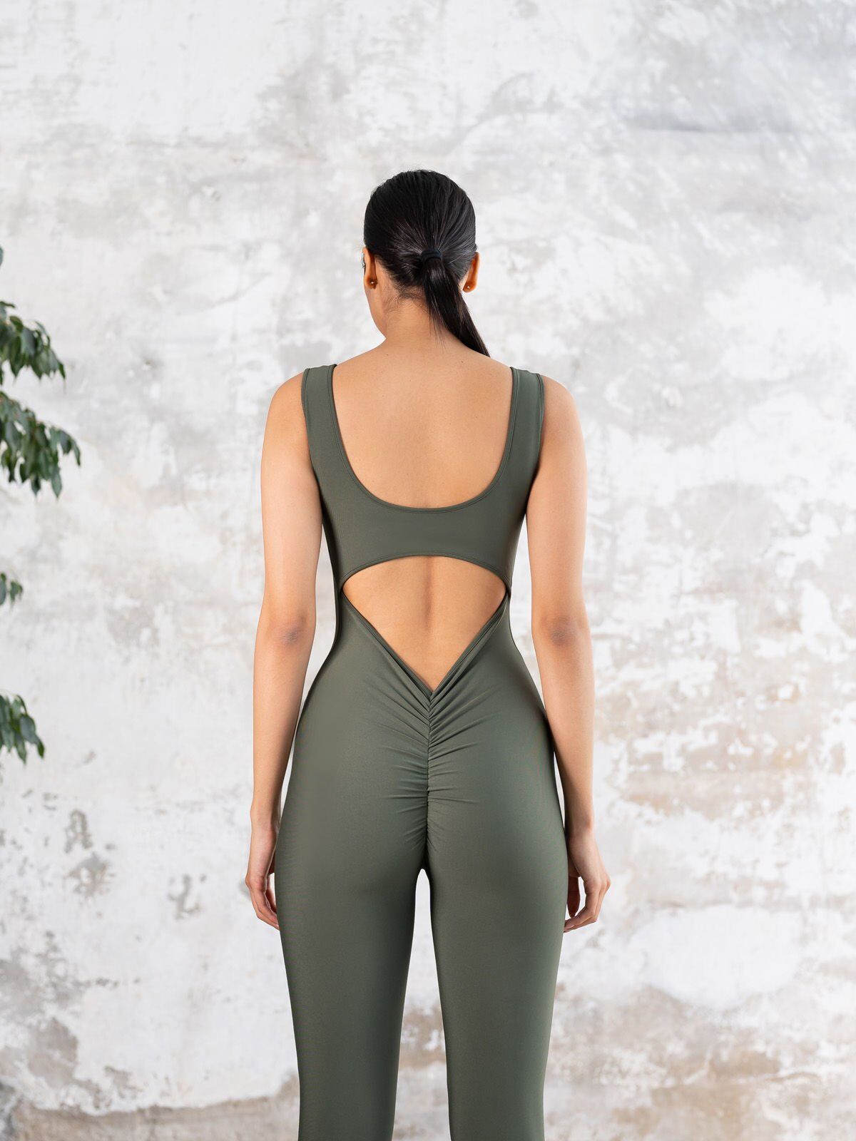 1402 Scrunch Butt Jumpsuit Khaki Color