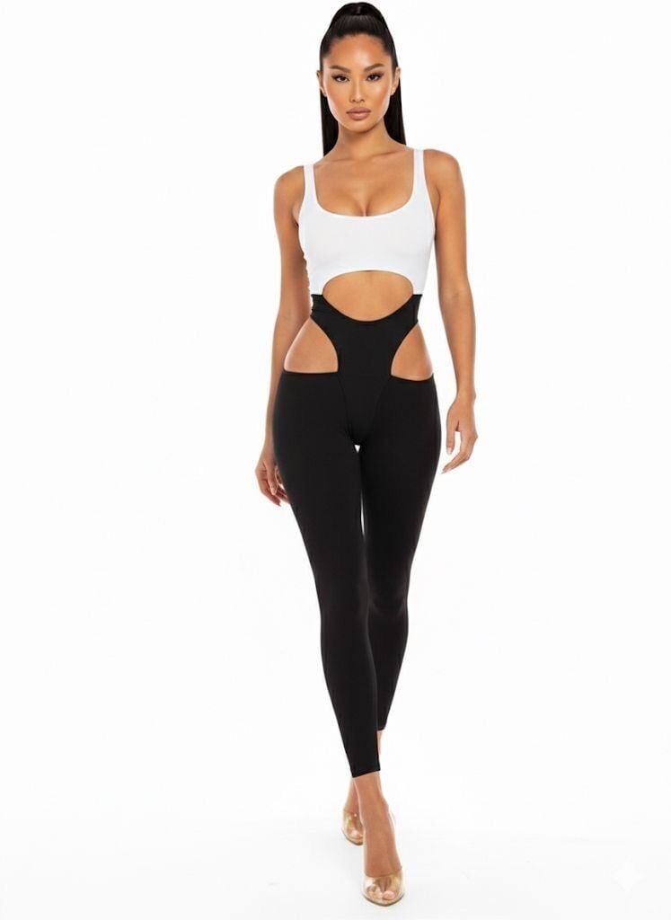3401 Bold Curve Jumsuit Black and White Color
