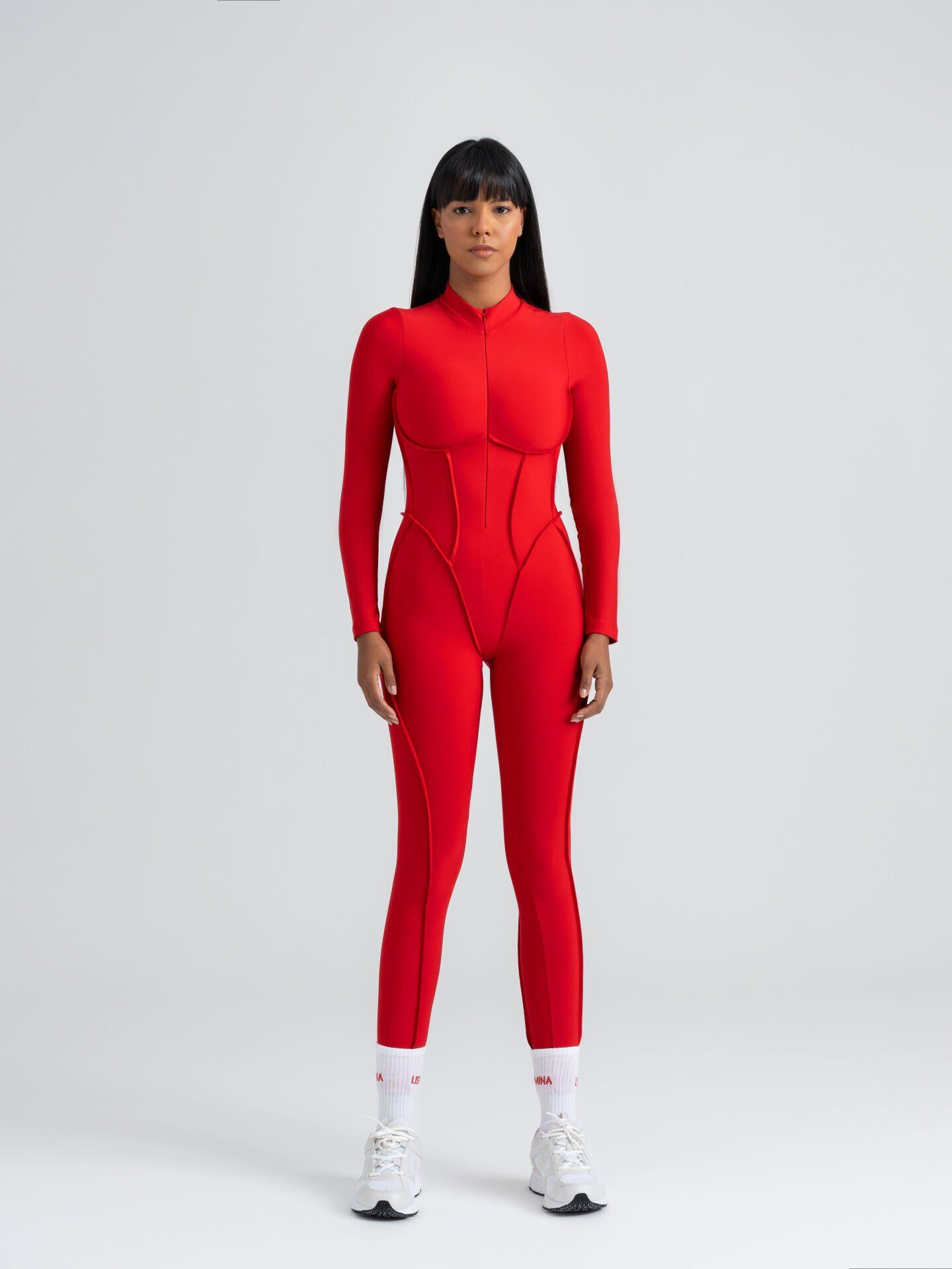 2358 Scuplt Line Jumpsuit Red Color