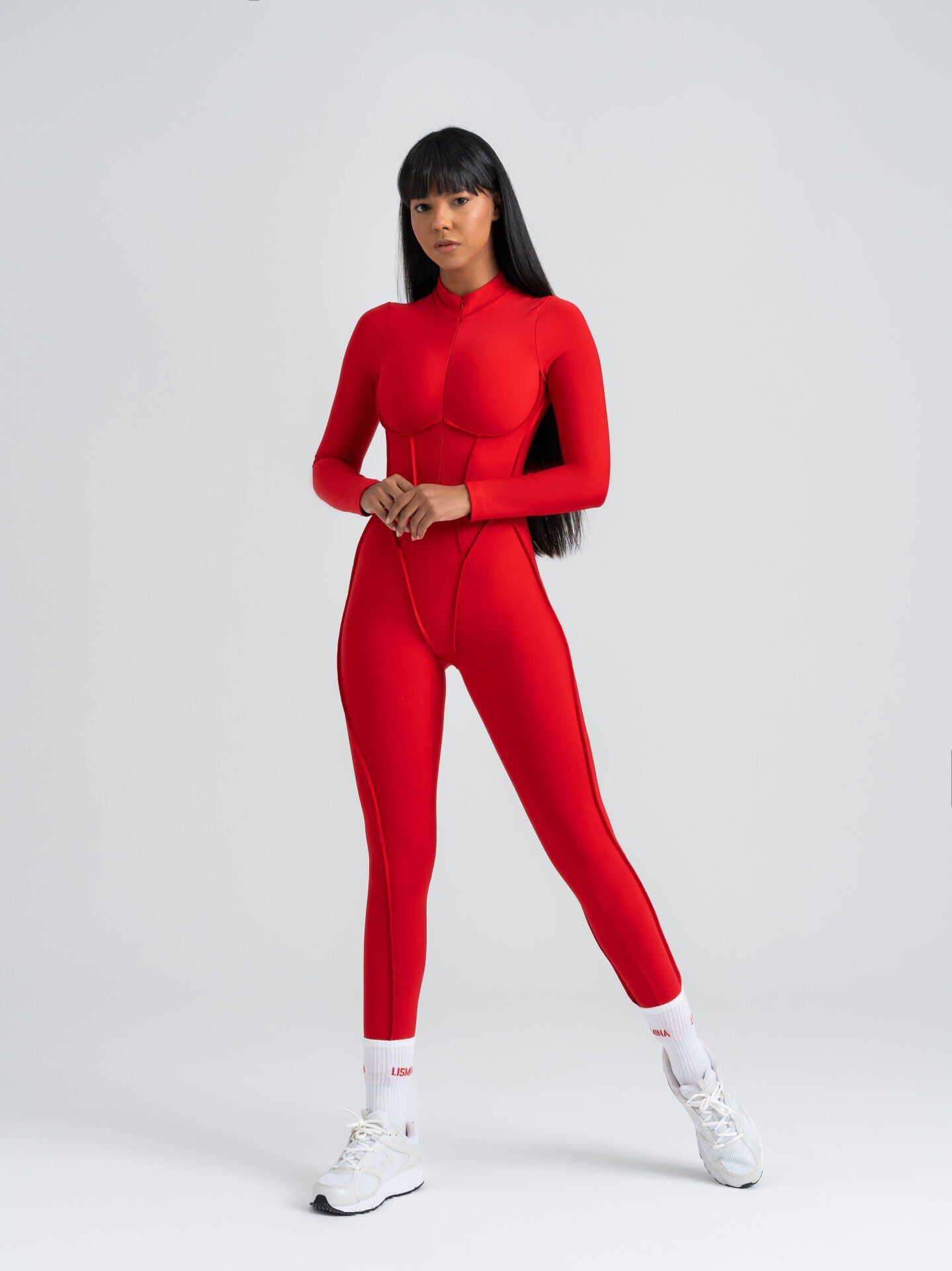 2358 Scuplt Line Jumpsuit Red Color