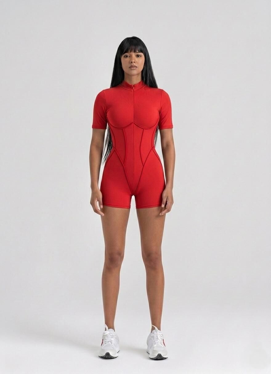 3501 Short Sculpt Line Jumpsuit Red Color