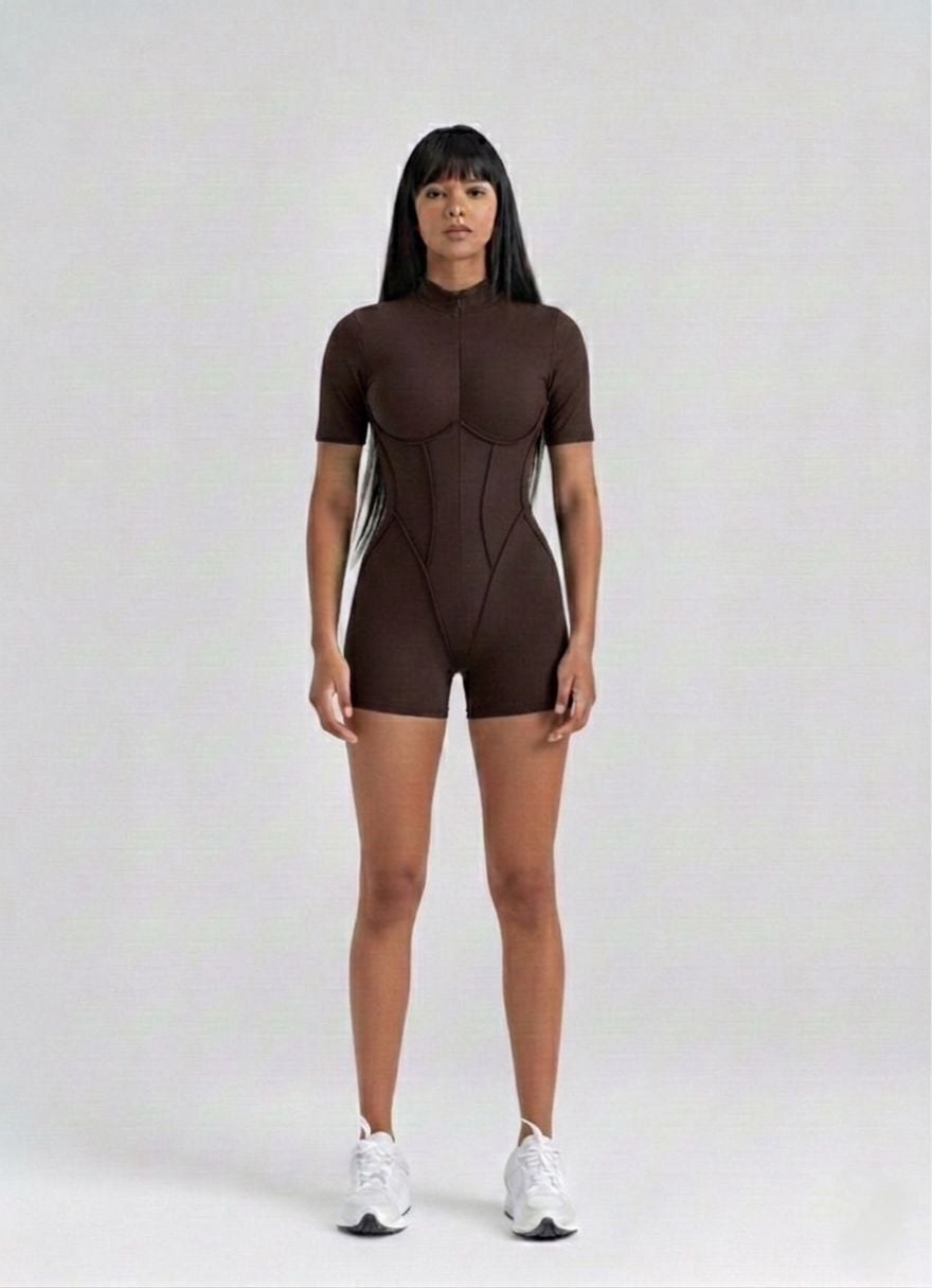 3505 Short Sculpt Line Jumpsuit Brown Color