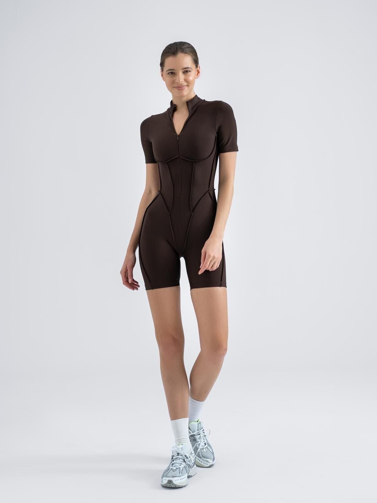 3505 Short Sculpt Line Jumpsuit Brown Color