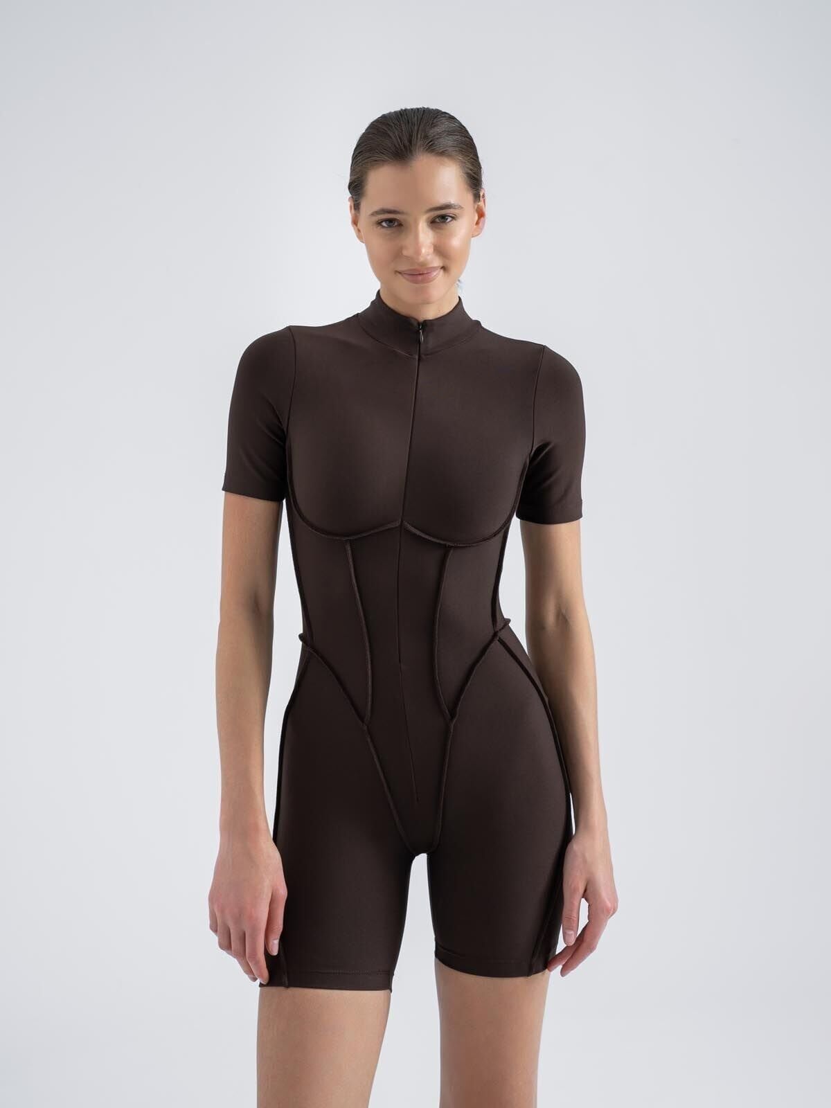 3505 Short Sculpt Line Jumpsuit Brown Color