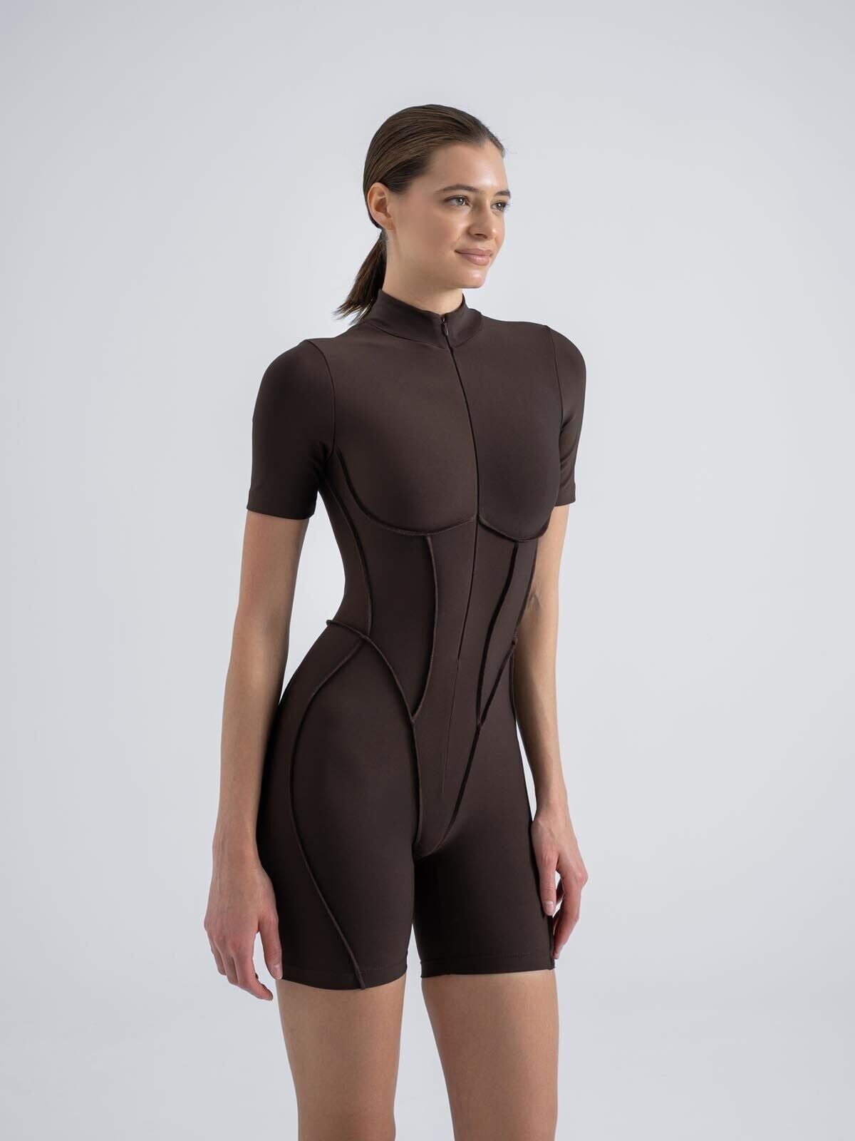 3505 Short Sculpt Line Jumpsuit Brown Color