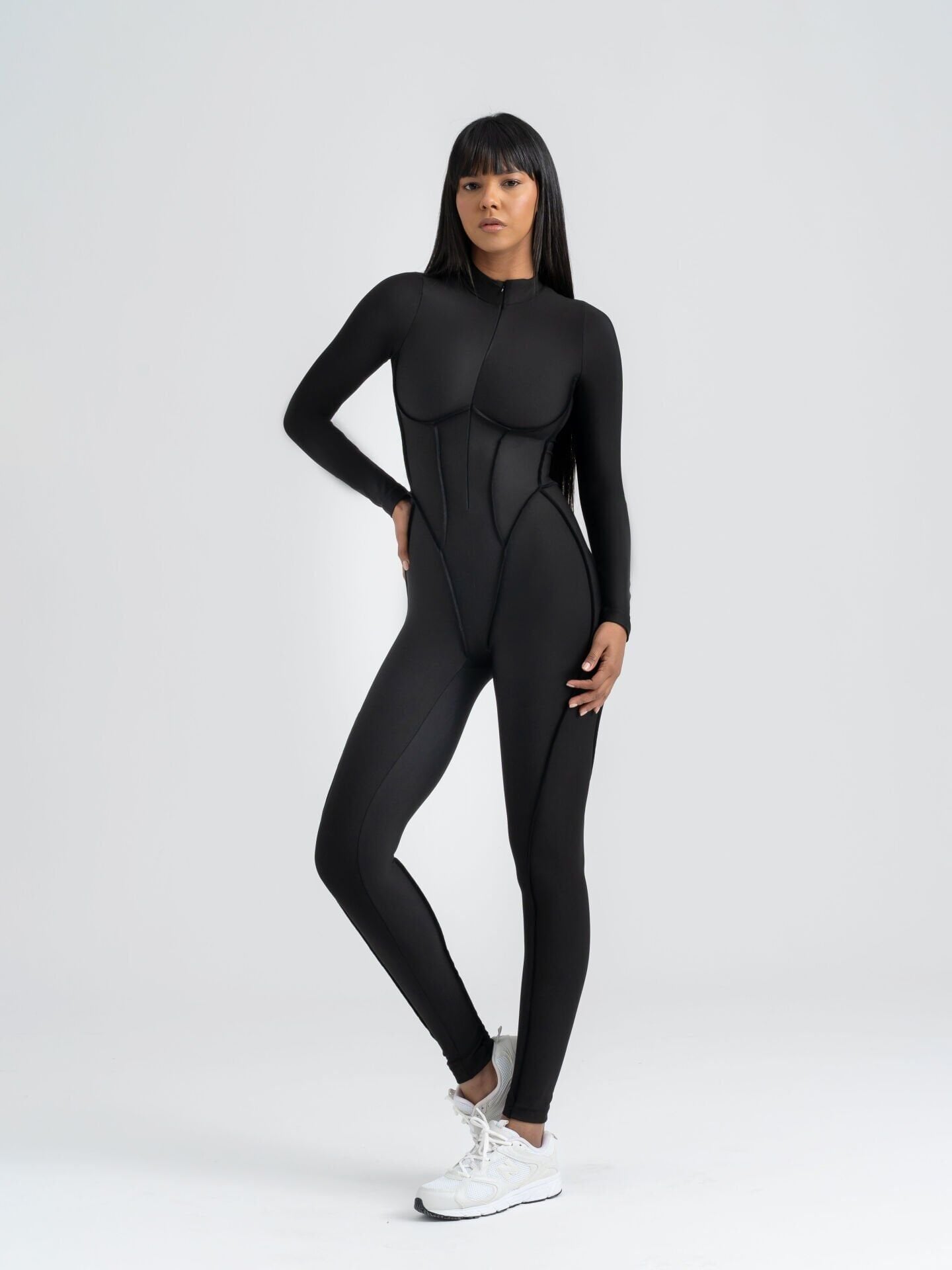 2355 Scuplt Line Long Sleeve Jumpsuit Black Color