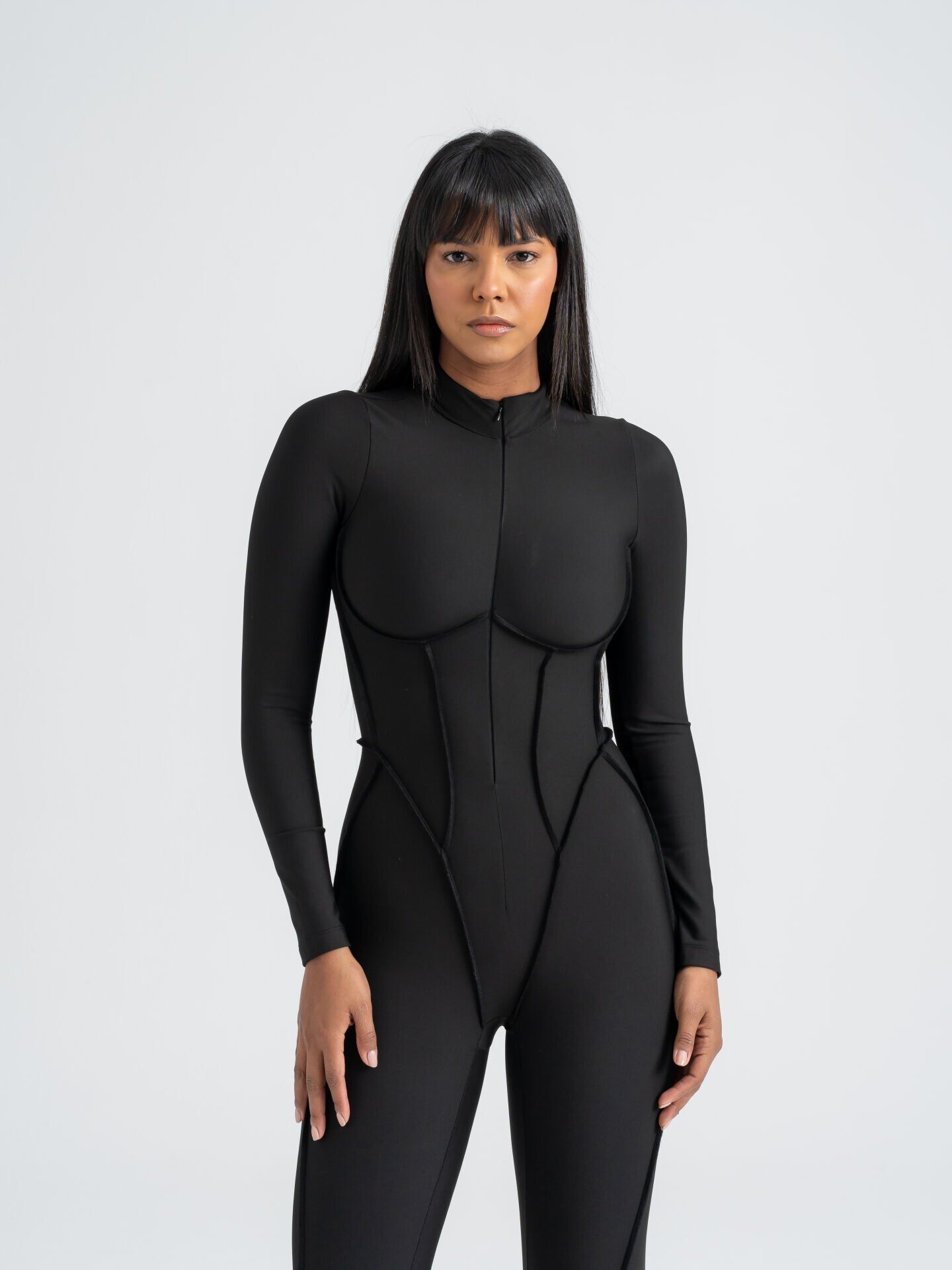2335 Scuplt Line Long Sleeve Jumpsuit Black Color
