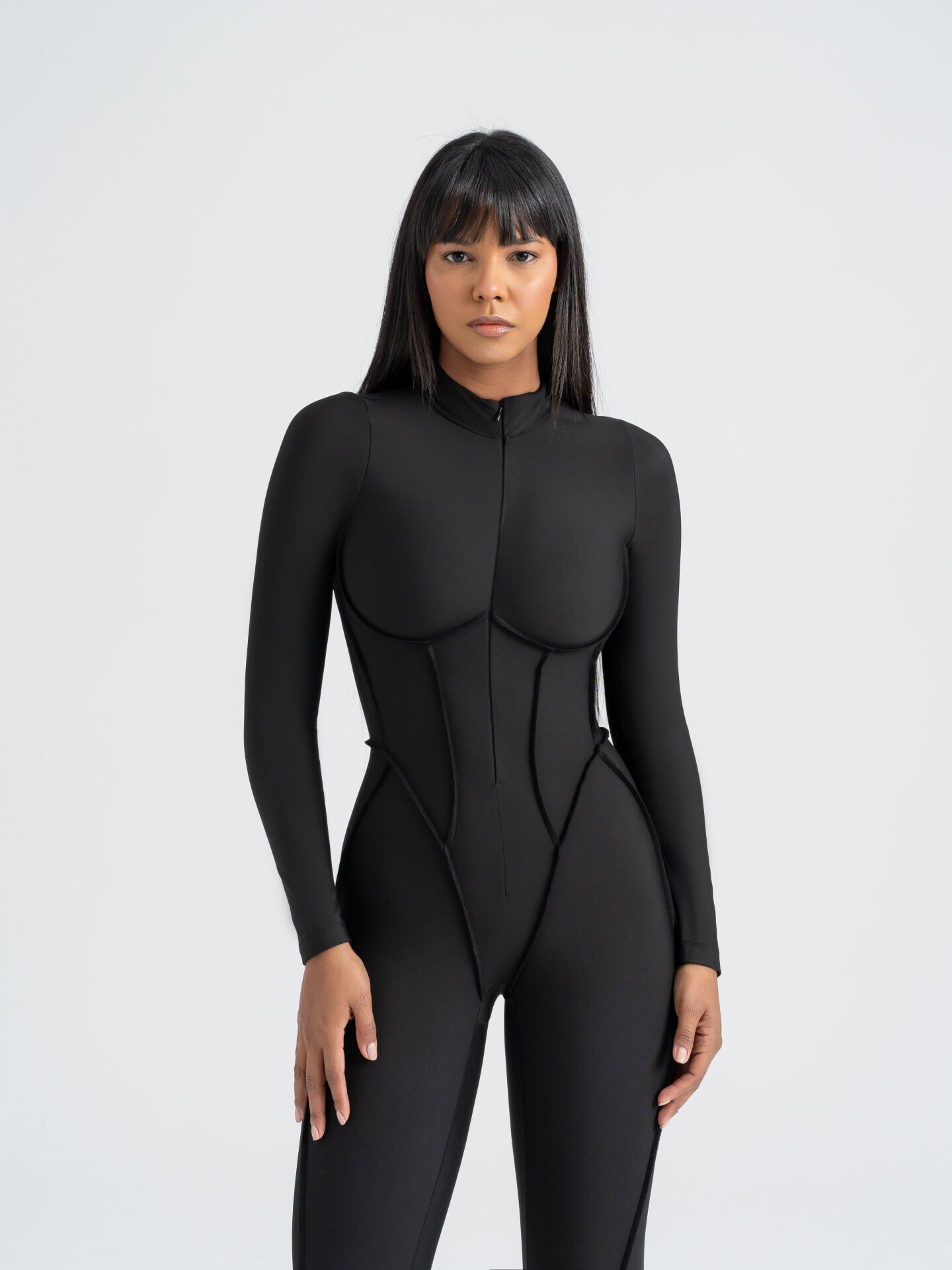 2335 Scuplt Line Long Sleeve Jumpsuit Black Color