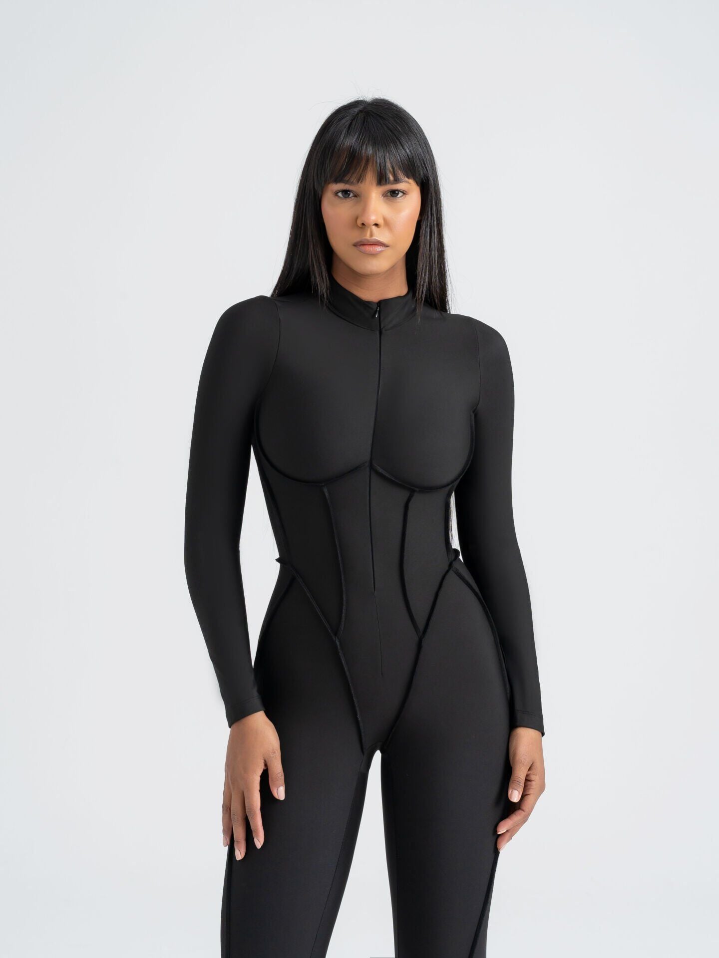 2355 Scuplt Line Long Sleeve Jumpsuit Black Color