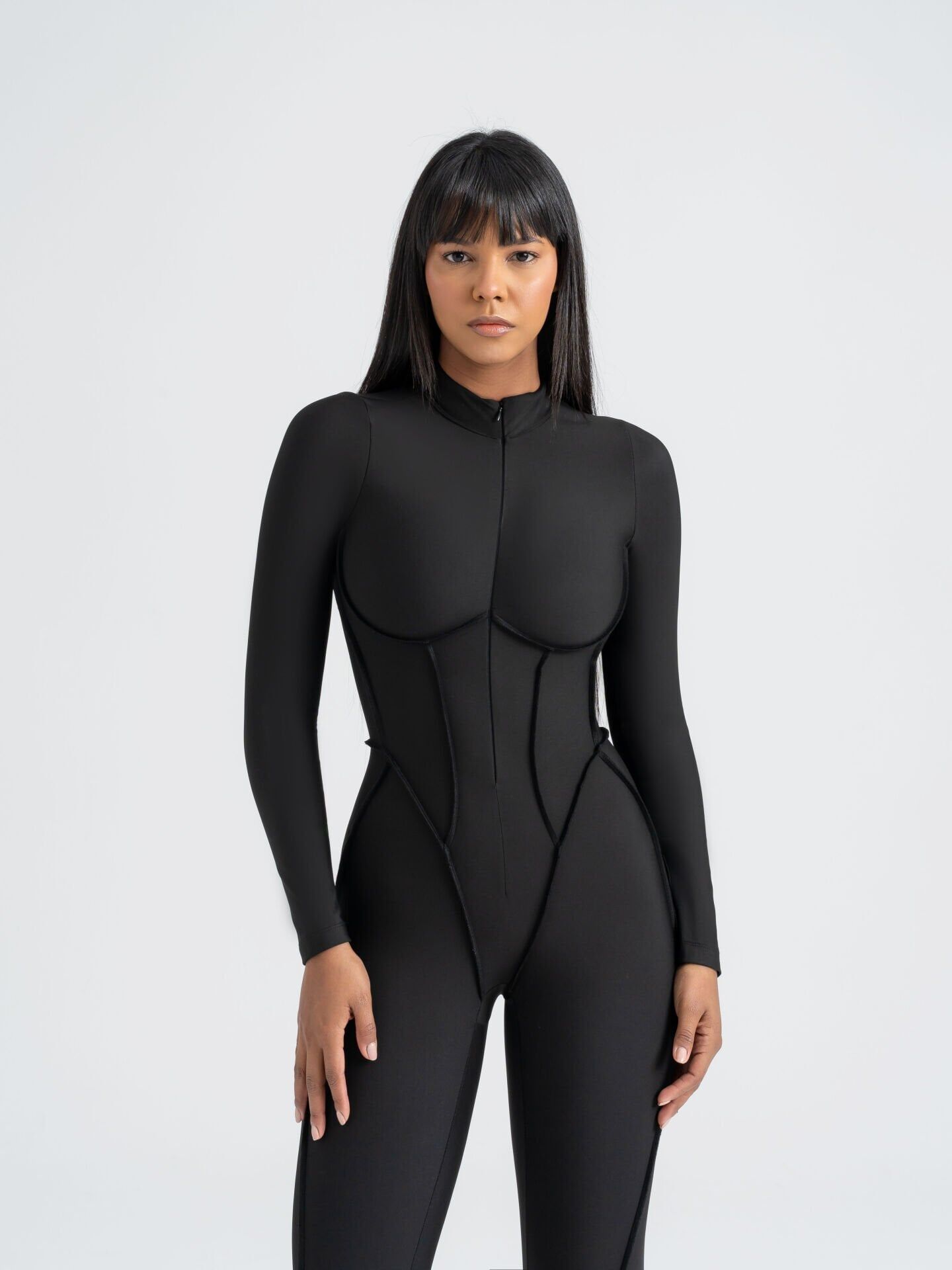 2355 Scuplt Line Long Sleeve Jumpsuit Black Color