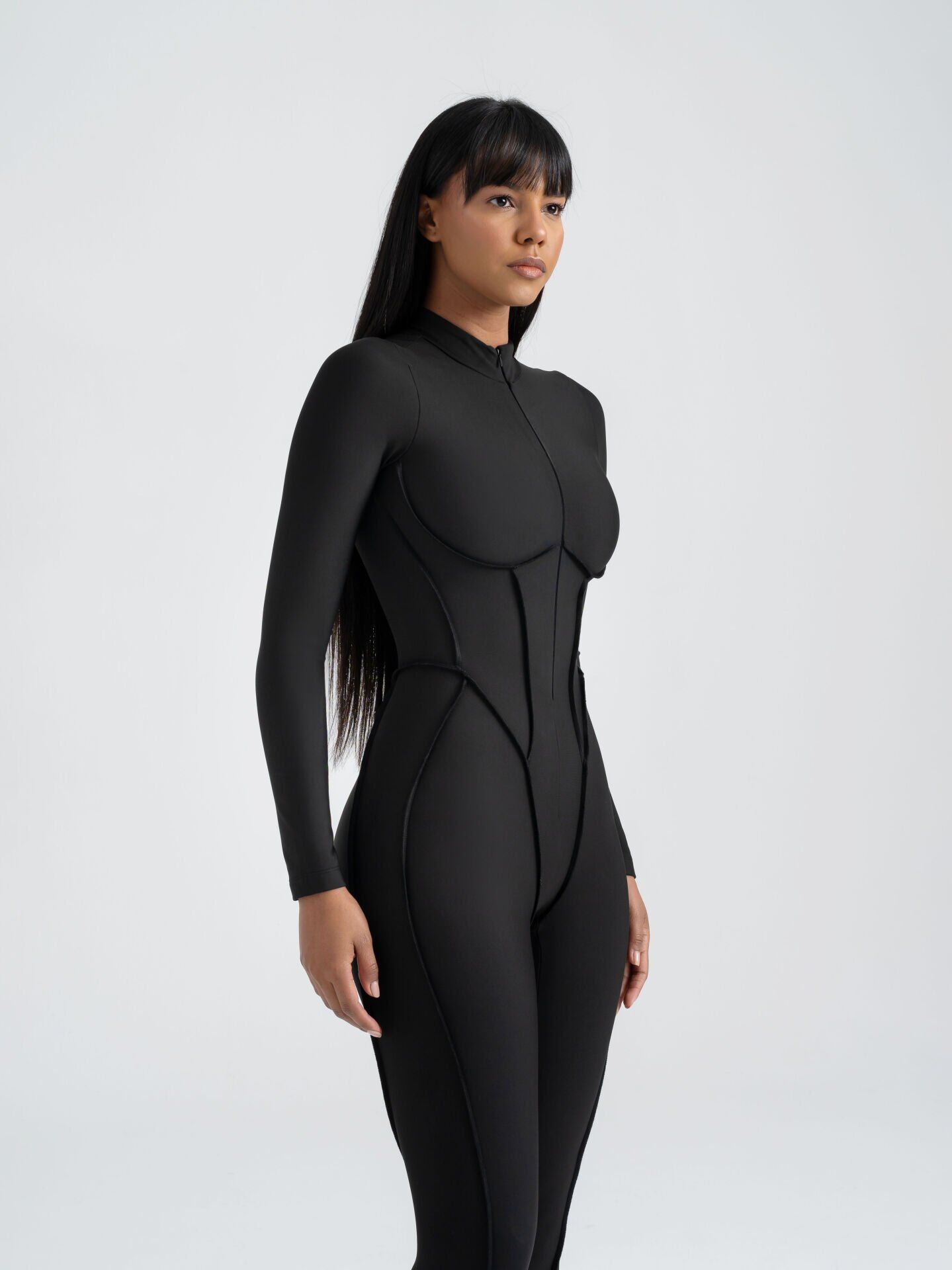 2335 Scuplt Line Long Sleeve Jumpsuit Black Color