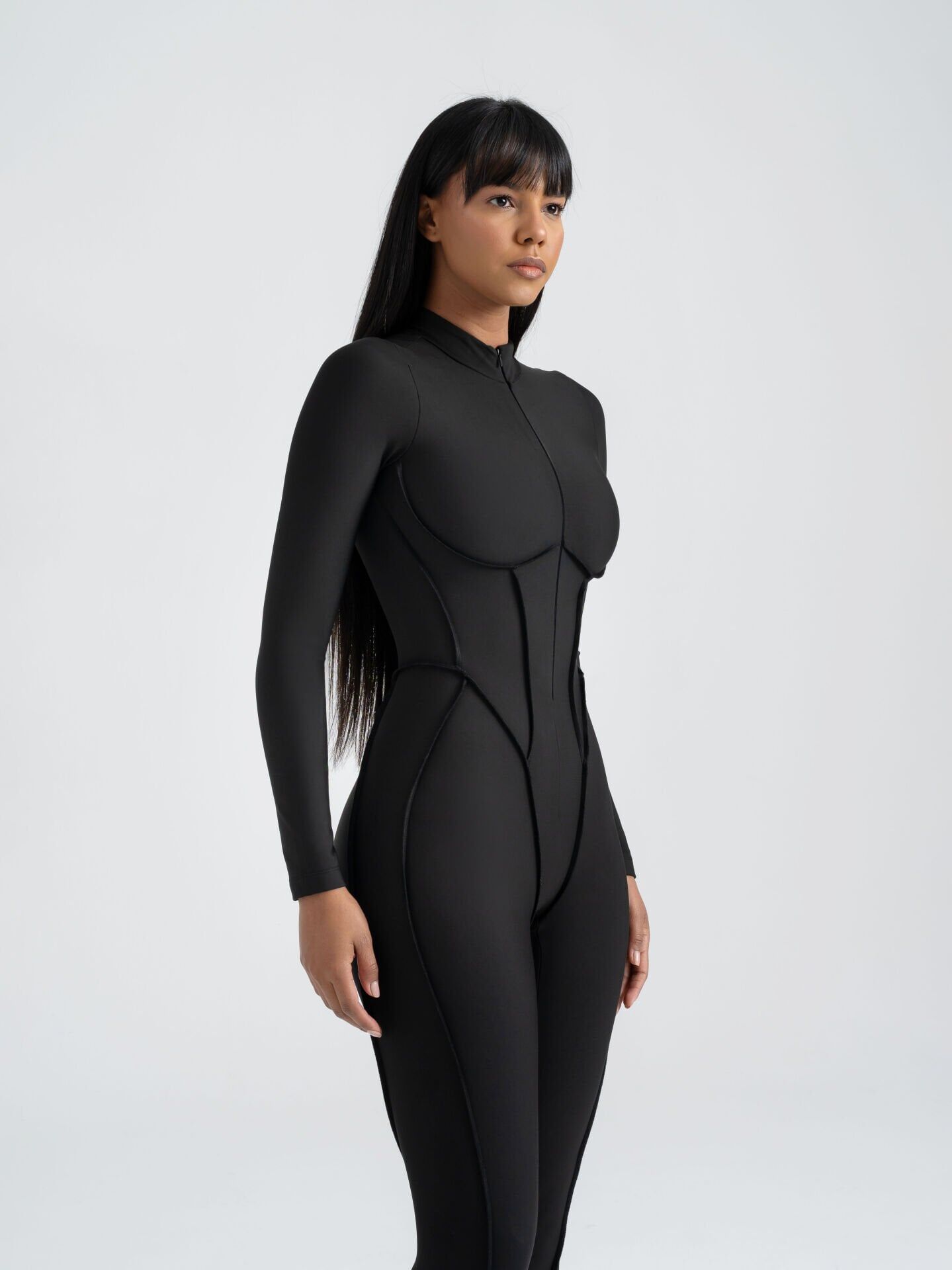 2355 Scuplt Line Long Sleeve Jumpsuit Black Color